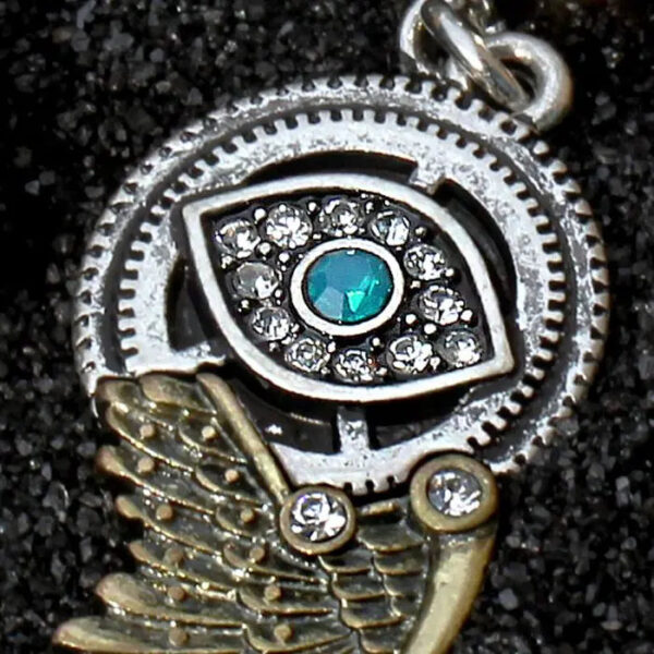 Gemmed Steampunk All Seeing Eye Navel Ring w/ Mechanical Wing Dangle Belly Ring - Image 2