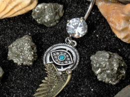 Gemmed Steampunk All Seeing Eye Navel Ring w/ Mechanical Wing Dangle Belly Ring