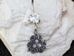 316L Stainless Steel Jeweled Vintage Lotus Dangle Navel Ring