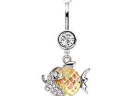 316L Stainless Steel Jeweled Gold Fish Dangle Navel Ring