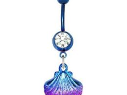 Blue PVD Plated Navel Ring with Blue & Pink Seashell Dangle