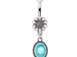 316L Stainless Steel Flower and Aqua Pendant Dangle Navel Ring