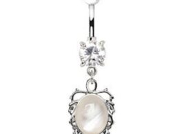 Ornate White Cat's Eye Dangle Navel Belly Ring
