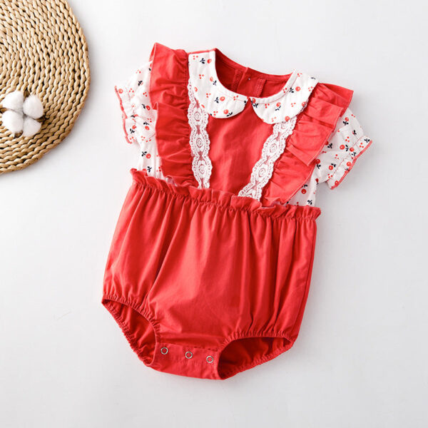 Baby Girl Floral Print Lace Patchwork Ruffle Design Doll-Neck Onesies - Image 6
