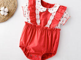Baby Girl Floral Print Lace Patchwork Ruffle Design Doll-Neck Onesies