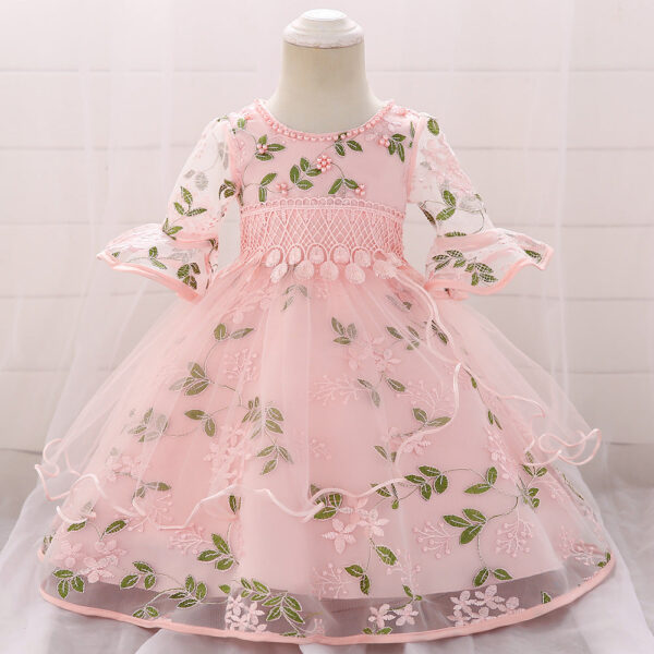 Baby Girl Embroidered Pattern Medium Sleeves One Year Old Tutu Formal Dress - Image 11