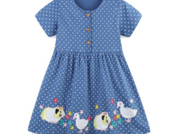 Summer Pure Cotton Dots and Animals Pattern Short Sleeves Dress for Stylish Girls