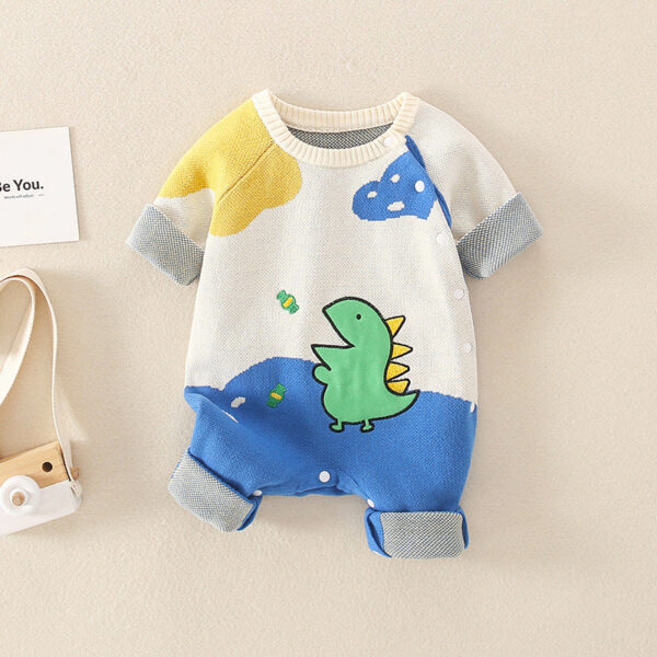 Baby Dinosaur Pattern Colorblock Design Cute Knit Romper - Image 2
