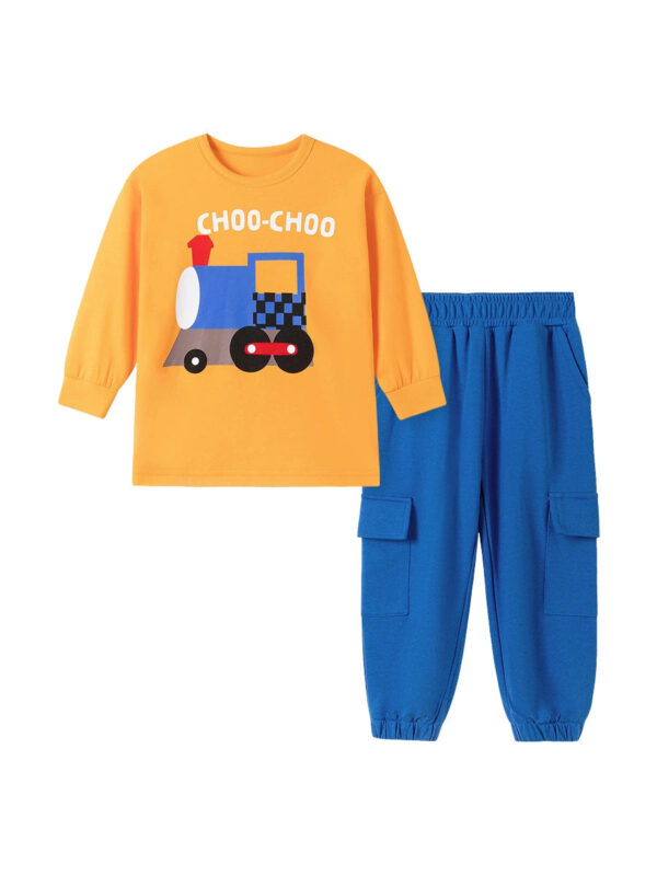Spring and Autumn Boys Train Cartoon Pattern Long Sleeves Shirt and Pants Clothing Set - Image 2