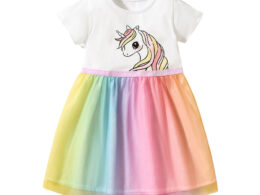 Baby Girls Short Sleeves Unicorn Printing Tulle Dress
