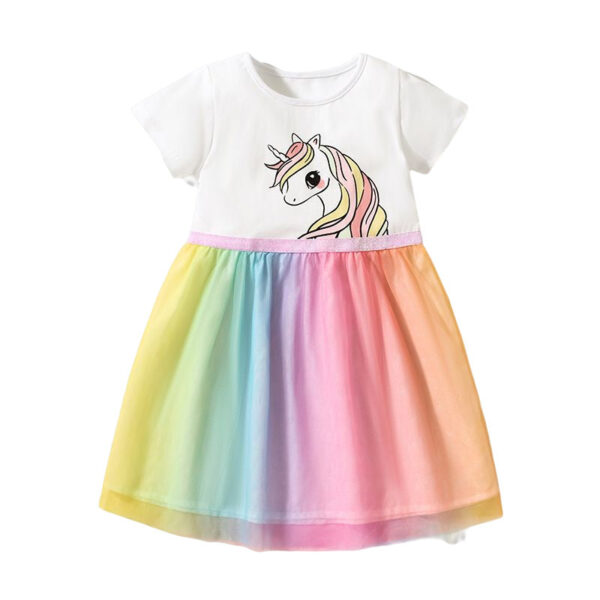 Baby Girls Short Sleeves Unicorn Printing Tulle Dress - Image 8