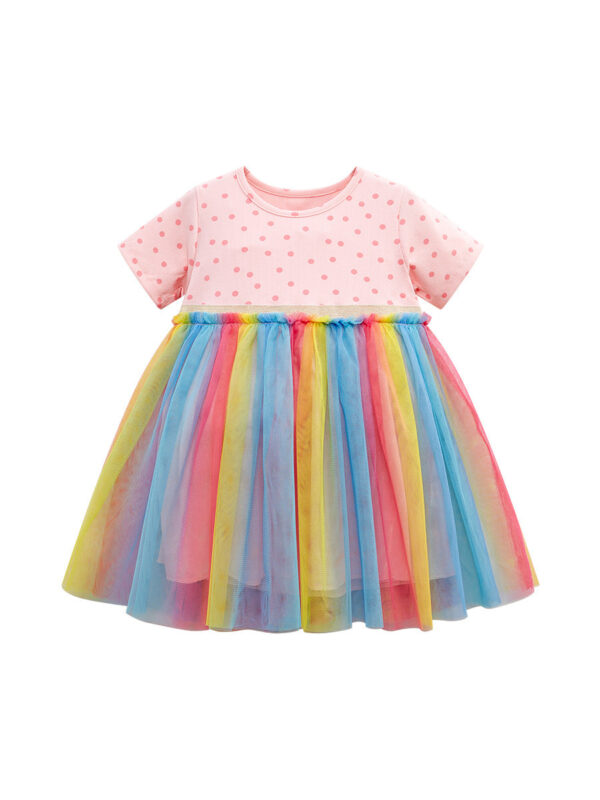 Spring And Summer Baby Girls Short Sleeves Polka Dots Rainbow Chiffon Dress - Image 7