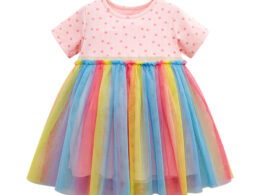 Spring And Summer Baby Girls Short Sleeves Polka Dots Rainbow Chiffon Dress