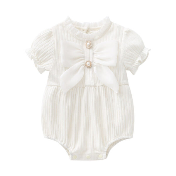 Baby Girls Solid Color Lace Design Puff-Sleeved Fashion Onesies With Bow Decoration In Summer - Image 5