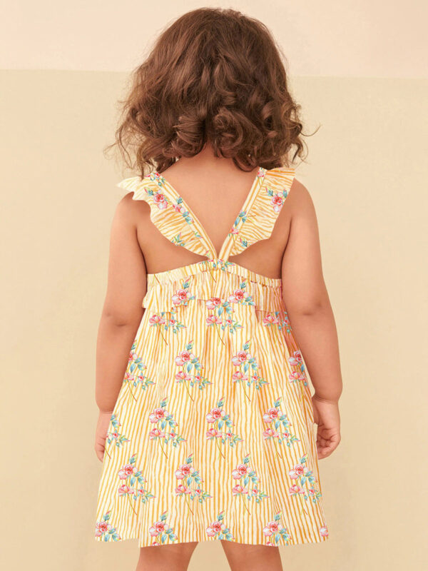 New Design Summer Girls Sleeveless Flowers Print Yellow Striped Strap Dress - Image 5