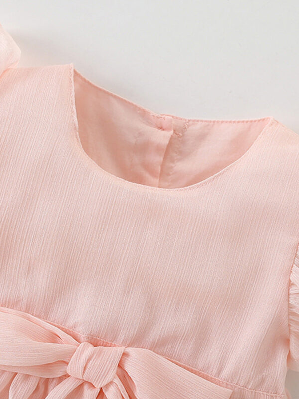 Summer New Arrival Girls’ Simple Plain Pink Short Sleeves Bow Tied Dress - Image 2
