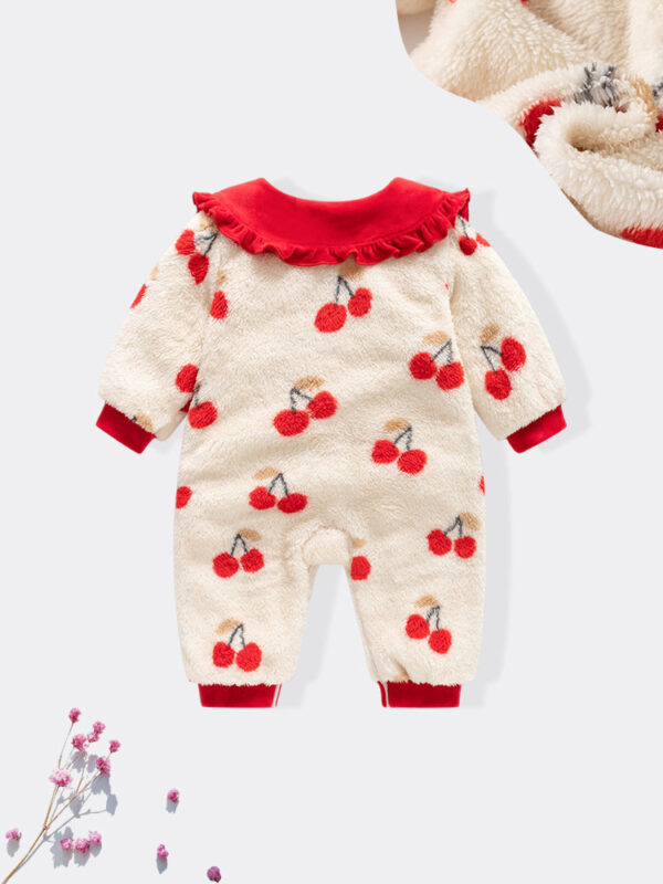 Autumn and Winter Arrival Baby Girls Cherry Pattern Polar Fleece Rompers - Image 3