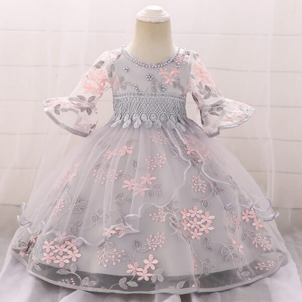 Baby Girl Embroidered Pattern Medium Sleeves One Year Old Tutu Formal Dress - Image 6