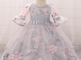 Baby Girl Embroidered Pattern Medium Sleeves One Year Old Tutu Formal Dress
