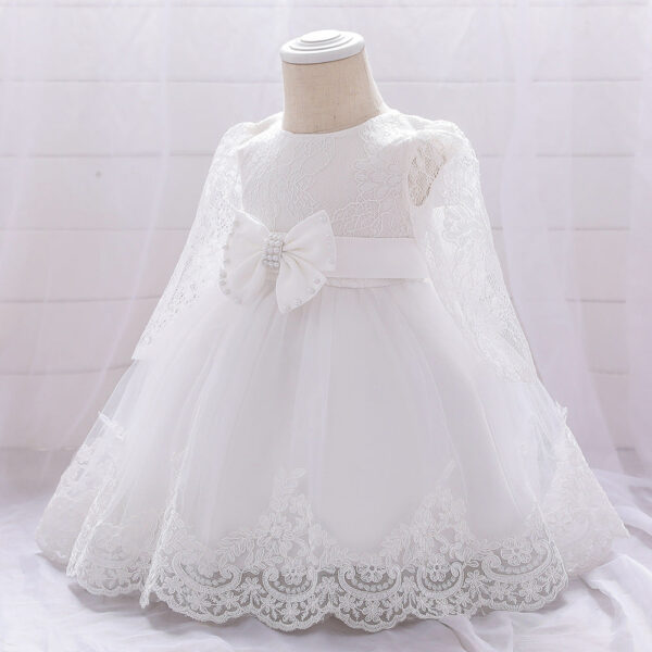 Baby Girl Bow Patched Design Long Sleeves Full Moon Christening Mesh Formal Dress - Image 13