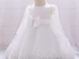 Baby Girl Bow Patched Design Long Sleeves Full Moon Christening Mesh Formal Dress