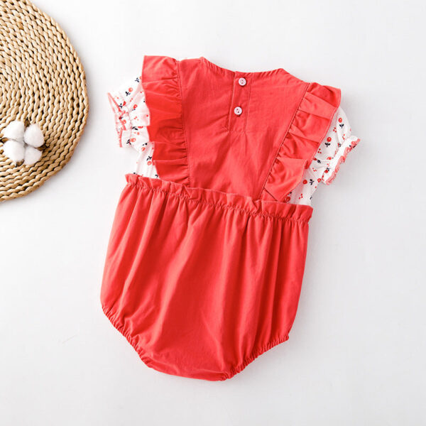 Baby Girl Floral Print Lace Patchwork Ruffle Design Doll-Neck Onesies - Image 2