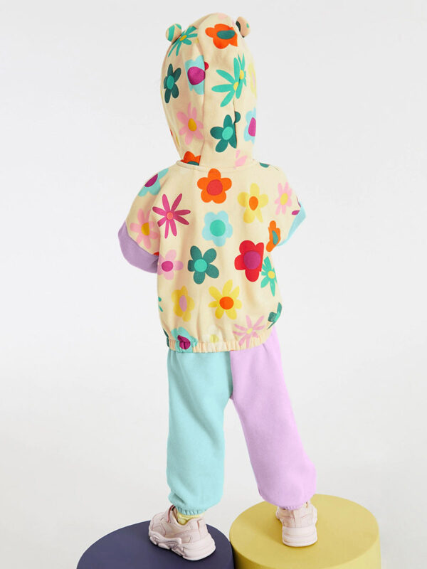 High Quality Spring And Autumn Girls Colorful Flowers Pattern Color Patchwork Long Sleeves Top Hoodie And Pants Clothing Set - Image 3
