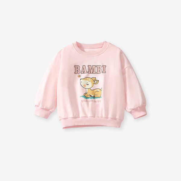 Spring And Autumn Girls Cute Cartoon Little Bambi Print Top Sweatshirt And Solid Color Pants - Image 2
