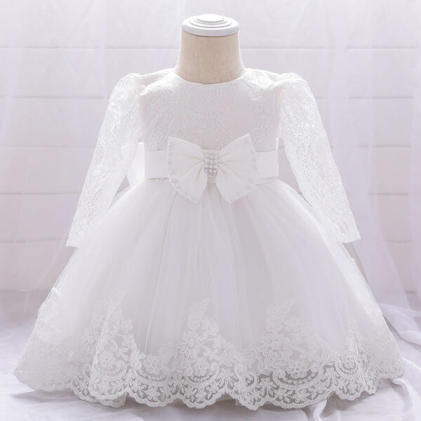 Baby Girl Bow Patched Design Long Sleeves Full Moon Christening Mesh Formal Dress - Image 2