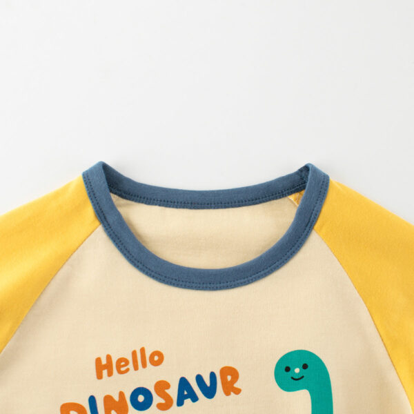 Autumn Baby Kids Unisex Letters and Dinosaur Print Color Patchwork Long Sleeves Crew Neck Base Top Shirt - Image 4