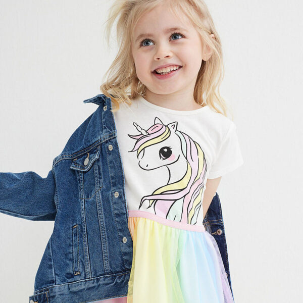 Baby Girls Short Sleeves Unicorn Printing Tulle Dress - Image 2