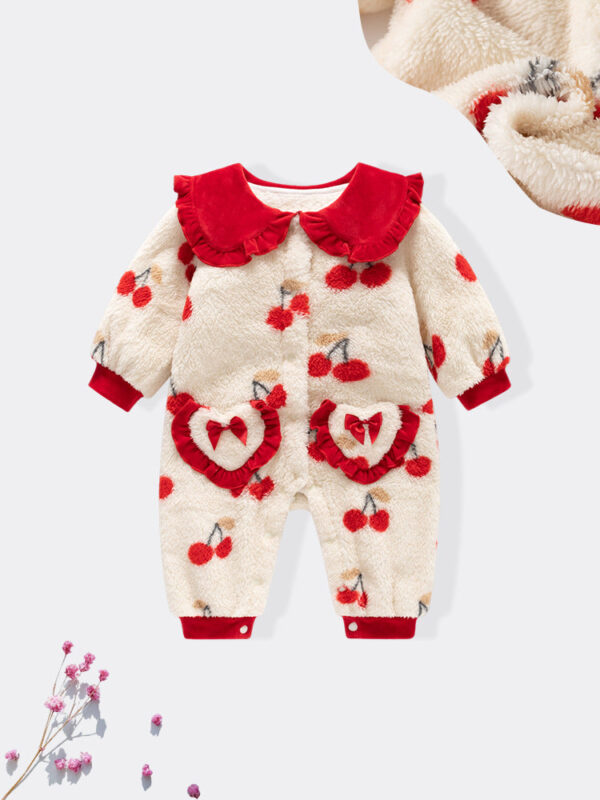 Autumn and Winter Arrival Baby Girls Cherry Pattern Polar Fleece Rompers - Image 4