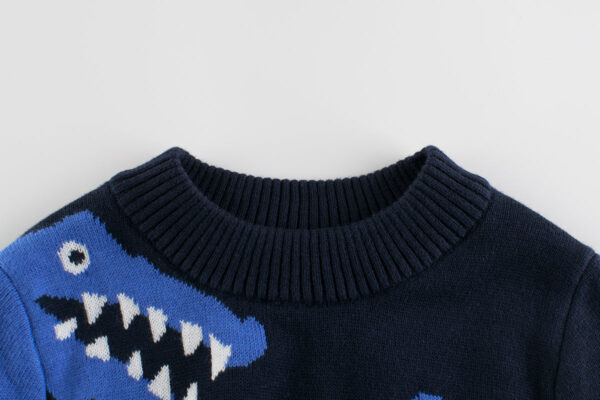 Boys Multi Color Contrast Dinosaur Pattern Round Collar Knit Sweater Outfit - Image 3