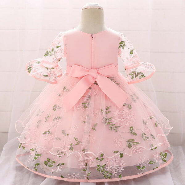 Baby Girl Embroidered Pattern Medium Sleeves One Year Old Tutu Formal Dress - Image 2