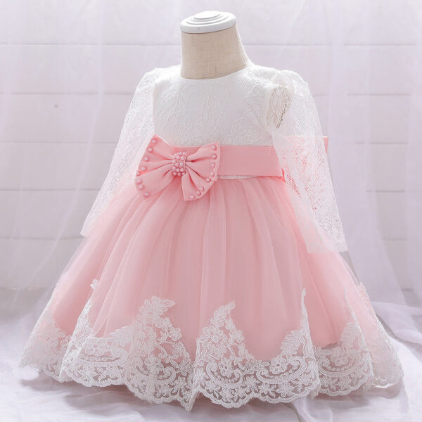 Baby Girl Bow Patched Design Long Sleeves Full Moon Christening Mesh Formal Dress - Image 10