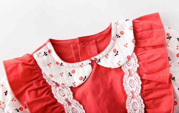Baby Girl Floral Print Lace Patchwork Ruffle Design Doll-Neck Onesies - Image 3