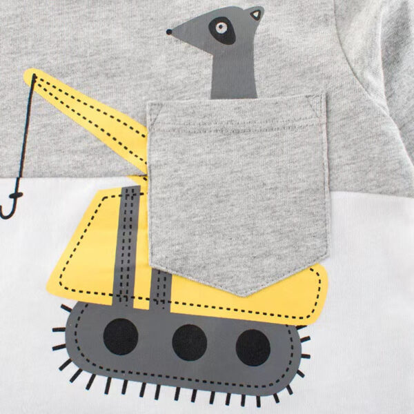 Baby Boy Cartoon Excavator & Animal Pattern Contrast Design Shirt - Image 3