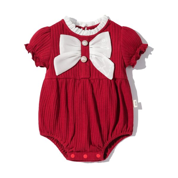 Baby Girls Solid Color Lace Design Puff-Sleeved Fashion Onesies With Bow Decoration In Summer - Image 15