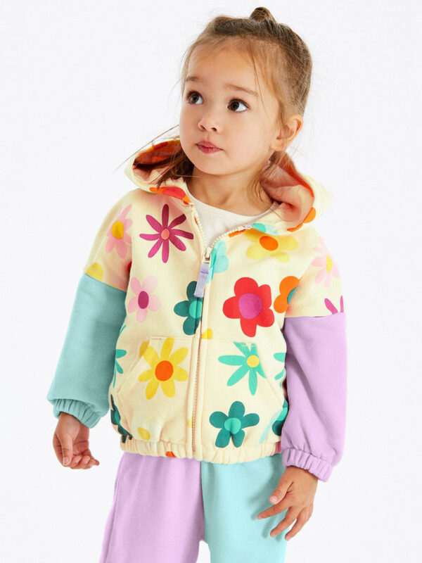 High Quality Spring And Autumn Girls Colorful Flowers Pattern Color Patchwork Long Sleeves Top Hoodie And Pants Clothing Set - Image 4