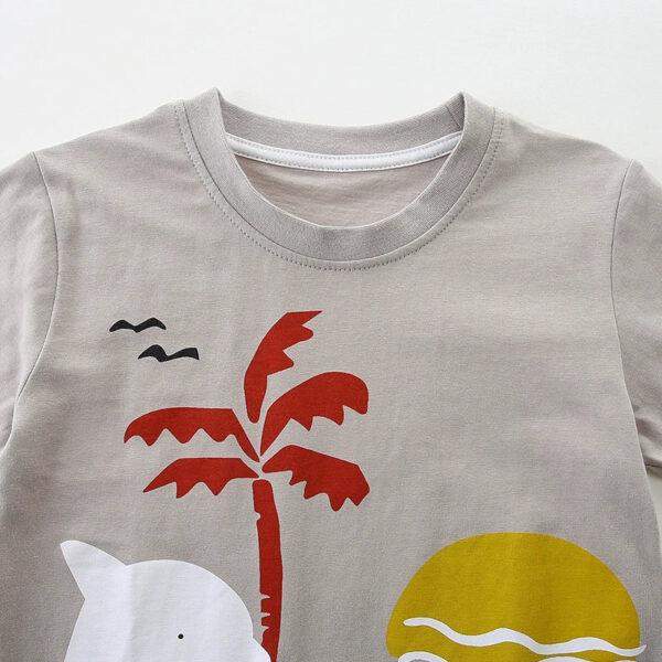 Summer Boys’ Sunset and Dolphin Cartoon Pattern T-shirt in European and American Style - Image 3