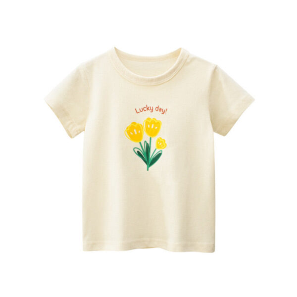 Baby Girl Floral Print Solid Color O-Neck Short Sleeved T-Shirt - Image 25