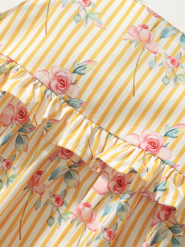 New Design Summer Girls Sleeveless Flowers Print Yellow Striped Strap Dress - Image 3