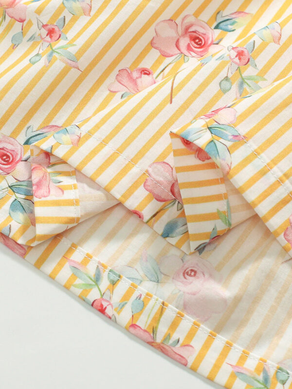 New Design Summer Girls Sleeveless Flowers Print Yellow Striped Strap Dress - Image 4