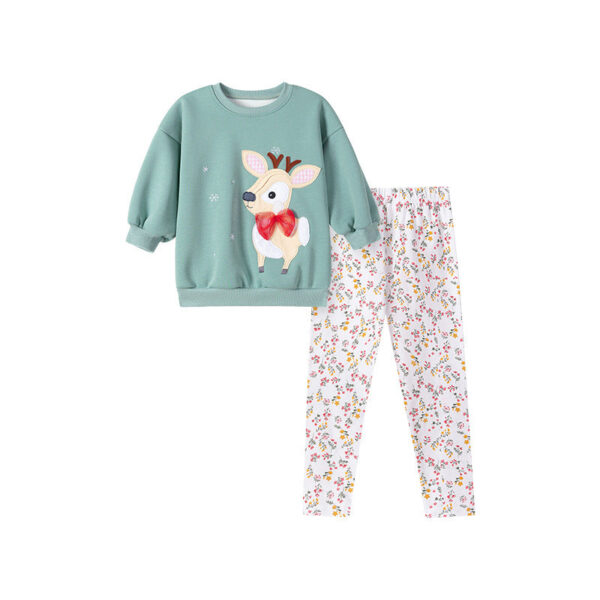 Spring and Autumn Girls Animals Cartoon Pattern Long Sleeves Sweatshirt and Floral Pants Christmas Clothing Set - Image 5