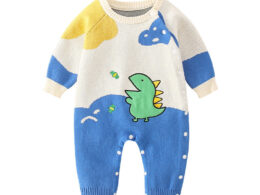 Baby Dinosaur Pattern Colorblock Design Cute Knit Romper