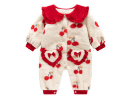 Autumn and Winter Arrival Baby Girls Cherry Pattern Polar Fleece Rompers