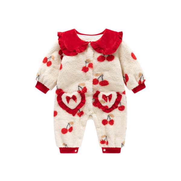 Autumn and Winter Arrival Baby Girls Cherry Pattern Polar Fleece Rompers