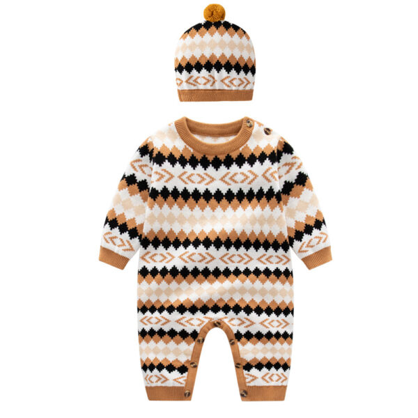 Baby Geometric Embroidered Pattern Long Sleeve Knitted Romper Jumpsuit - Image 7