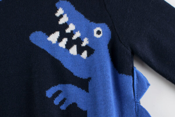 Boys Multi Color Contrast Dinosaur Pattern Round Collar Knit Sweater Outfit - Image 4
