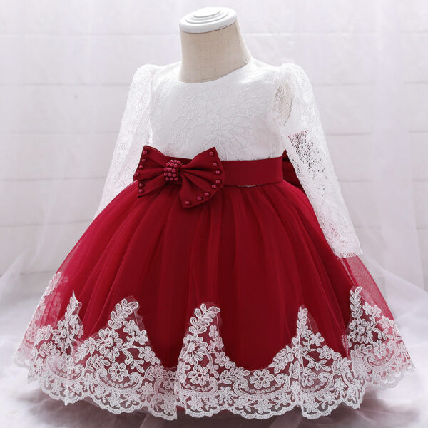 Baby Girl Bow Patched Design Long Sleeves Full Moon Christening Mesh Formal Dress - Image 7